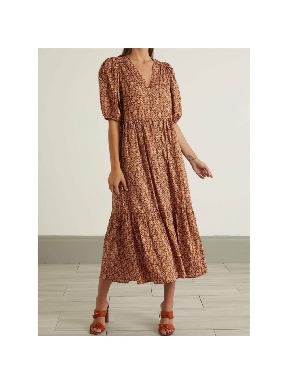 XIRENA Lennox Dress Honeysuckle Puff Sleeve Button Front Midi Brown Sz S